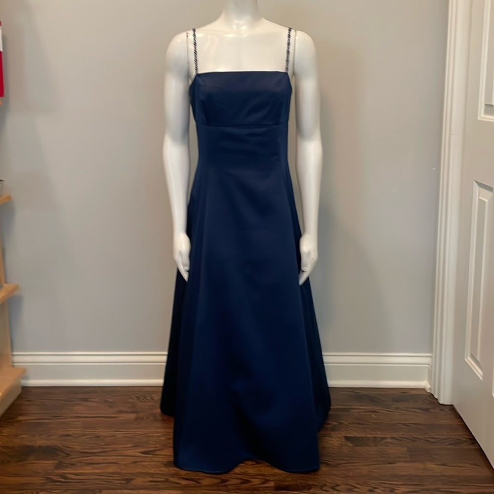 ABS Evening by Allen Schwartz Navy Blue Midi Tea Length Satin Dress Size 14
